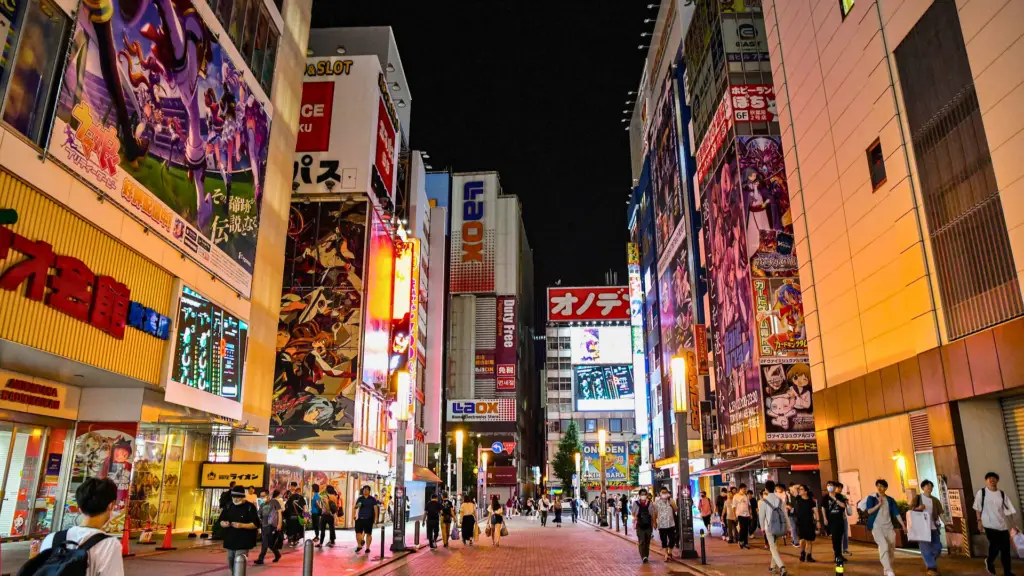 Akihabara at night in Tokyo, Japan, featuring neon-lit buildings, anime billboards, and bustling streets in the heart of Japan’s otaku and gaming culture district.