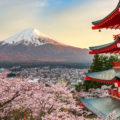 Scenic view of Mount Fuji with cherry blossoms in full bloom and the iconic Chureito Pagoda in Japan during sunset.