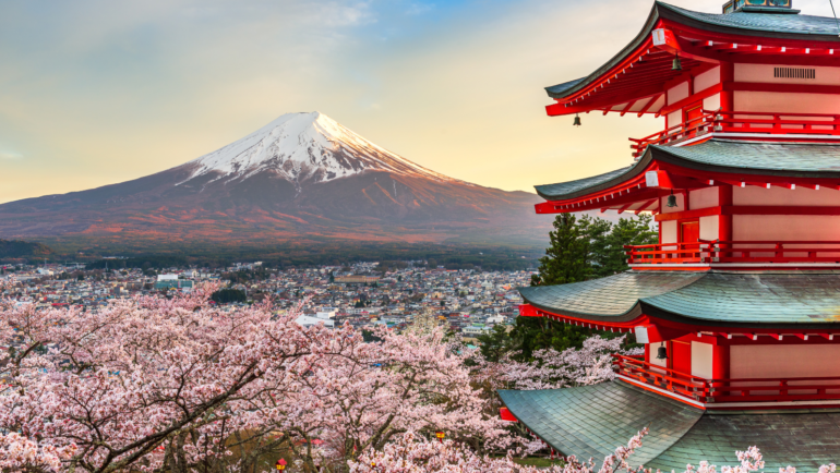 Scenic view of Mount Fuji with cherry blossoms in full bloom and the iconic Chureito Pagoda in Japan during sunset.