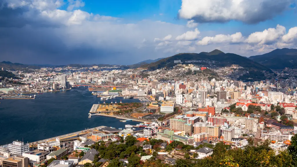 A panoramic view of Nagasaki, Japan, featuring the city’s coastal landscape, urban skyline, and surrounding green hills.