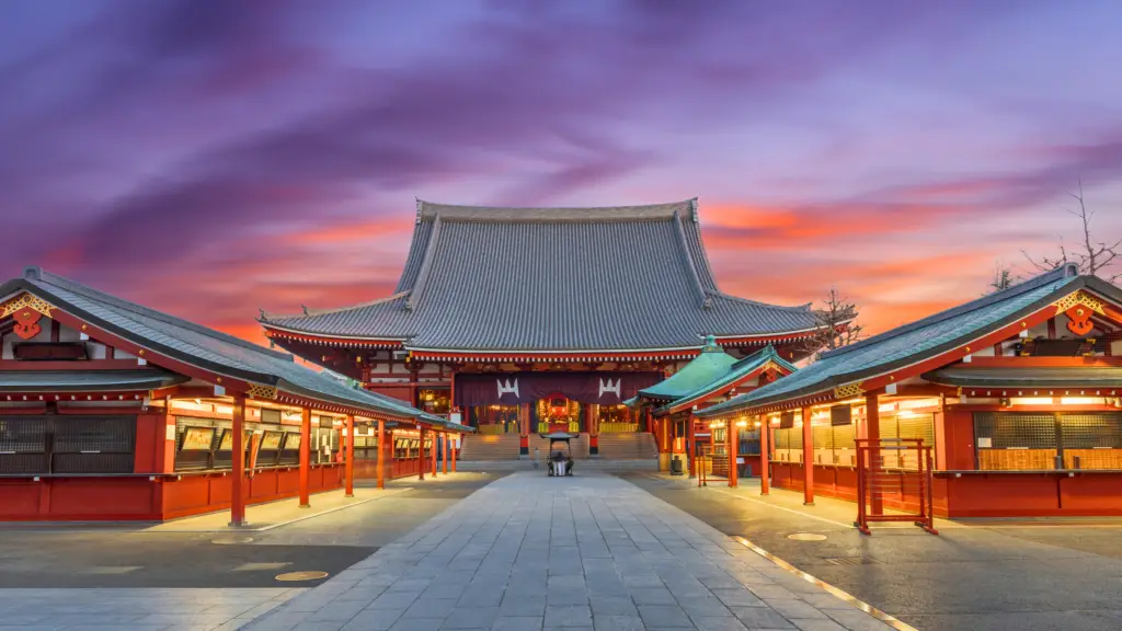 Senso-ji Temple in Asakusa, Tokyo, Japan, at sunset, showcasing the historic Buddhist temple’s stunning architecture and vibrant colors.