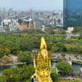 View from the top of Osaka Castle overlooking the city skyline, lush greenery, and the castle moat, with a golden shachihoko (ornamental fish) in the foreground.